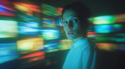 Portrait Of A Woman In Neon Lights With Blur Motion, White Lace Collar Top