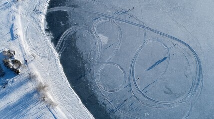 This aerial image reveals the elegant trails left by ice skaters on the frozen lake in winter, emphasizing a minimalist landscape with smooth, icy textures and winding patterns that reflect the