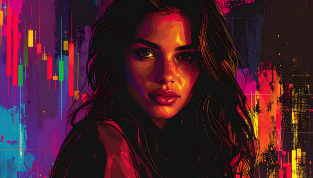 Portrait of a mysterious woman in a vibrant neon cyberpunk city.