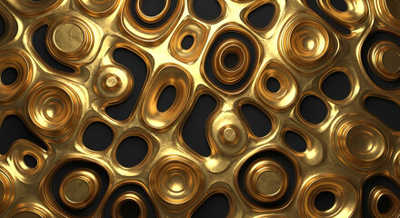 A close up of a golden abstract design with circles and organic shapes on a dark background