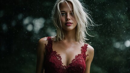 Blonde Woman in Red Lace Lingerie in Rainy Outdoor Setting — Moody Portrait