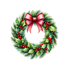 Festive Watercolor Christmas Wreath with Red Berries Holly Leaves and Bow for Holiday Season Decor Greeting Card Design