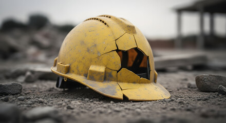 Damaged Hard Hat Construction Site Safety Accident Risk Broken Equipment Workplace Hazard Industrial Injury Prevention Security Helmet Yellow Debris Ground