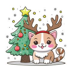 Naklejka premium Cute Christmas Cat with Antlers Vector — Adorable Holiday Kittens with Reindeer Horns and Christmas Trees