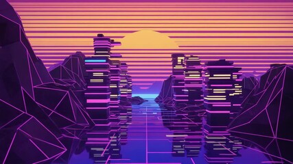 Vibrant retro-futuristic cityscape with neon grid streets, glowing purple and pink buildings, polygonal mountains, and striped sunset sky, inspired by 1980s synthwave and cyberpunk aesthetics. - Powered by Adobe