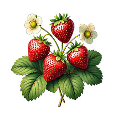 Fresh Strawberries on the Vine with Blossoms Artistic Render for Healthy Eating and Summer Delight