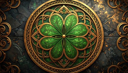 Ornate green clover medallion on dark stone