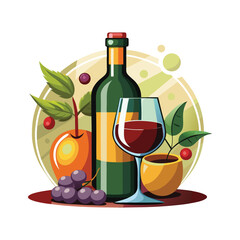 Red wine bottle and glass with grapes apple and leaves harvest theme