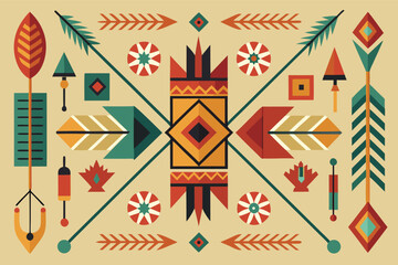 Colorful geometric patterns inspired by Native American art featuring arrows and symbols on a light background
