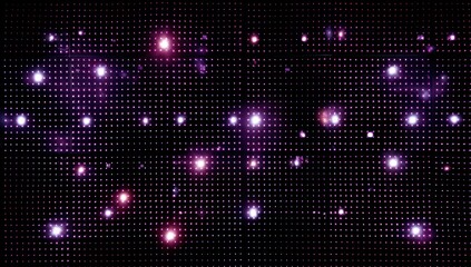 A dark background is studded with glowing lights of varying shades of pink and purple, creating a dynamic and vibrant visual effect.