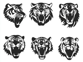 Modern abstract tigers are depicted in cartoon illustrations with a cute, minimalistic style