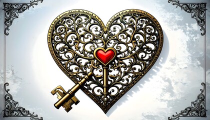 Ornate heart-shaped locket with key