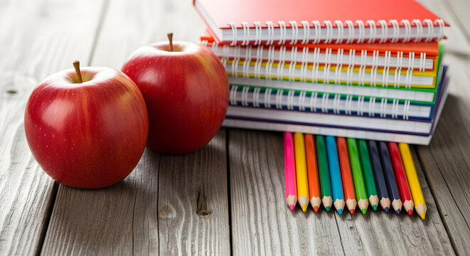 Back to school essentials vibrant colored pencils notebooks apples healthy learning education supplies knowledge wisdom