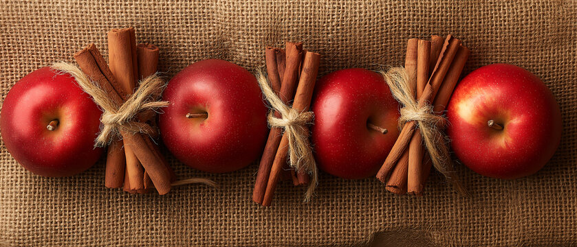 Red apples and cinnamon sticks on burlap for fall autumn season background