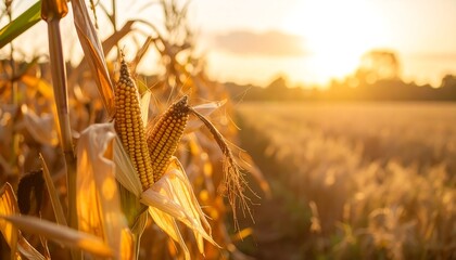 Golden corn stalks at sunset
