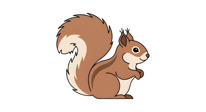 Cute cartoon squirrel illustration, side view, simple line art.