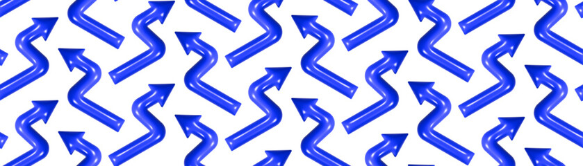 Solid blue three-dimensional arrows are arranged in a dynamic zigzag pattern on a white background, creating a lively and energetic visual effect that draws the eye.