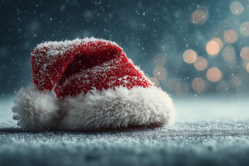 Snow Covered Santa Hat On Dark Surface christmas winter