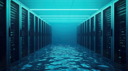 Underwater data center server rack, glowing LED lights, subtle water ripples, sealed enclosure. 