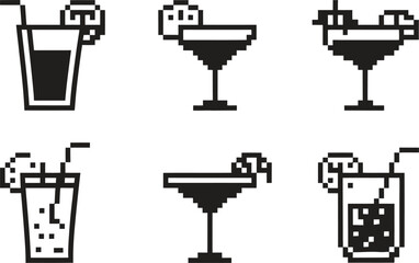 Pixel art icons of six different cocktails and drinks