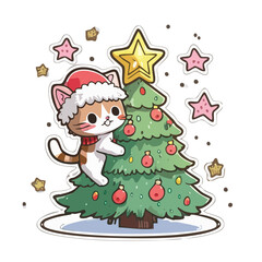 Cute Christmas Cat Climbing Tree Vector &mdash; Adorable Holiday Kittens in Santa Hats Playing with Christmas Trees