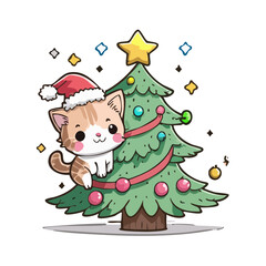 Cute Christmas Cat Climbing Tree Vector — Adorable Holiday Kittens in Santa Hats Playing with Christmas Trees