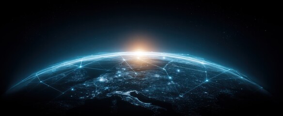 A global network of interconnected cities illuminates the Earth's surface, showcasing a digitally enhanced view of the world.