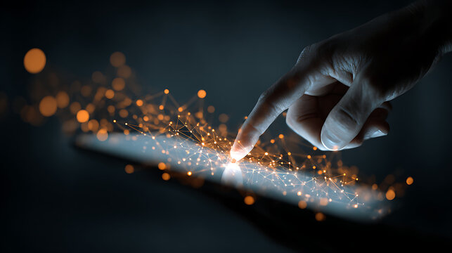 modern innovation concept with glowing digital network on tablet hands interaction showing data visualization communication and futuristic technology design - Powered by Adobe
