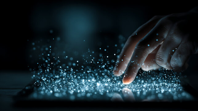 modern innovation concept with glowing digital network on tablet hands interaction showing data visualization communication and futuristic technology design