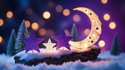 Magical Winter Night with Moon and Stars Christmas Holiday Decoration and Bokeh Lights Festive Background Scene
