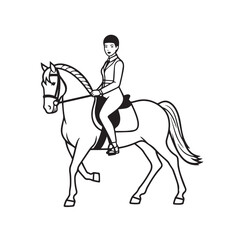 Black and white line art of a beautiful woman with perfect body riding horse elegant minimalist illustration