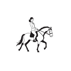 Black and white line art of a beautiful woman with perfect body riding horse elegant minimalist illustration