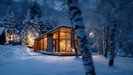 Cozy winter cabin nestled in snowy woods