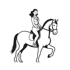Black and white line art of a beautiful woman with perfect body riding horse elegant minimalist illustration
