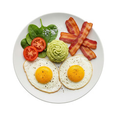Two sunny-side-up eggs, mashed avocado, crispy bacon, fresh spinach, and tomato slices meticulously arranged on a white plate, isolated on gray background. Appetizing breakfast photography concept