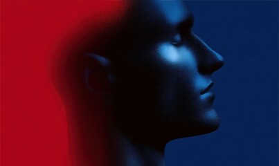A striking profile view of a head, bathed in contrasting red and blue hues, highlighting the nuanced textures and forms.