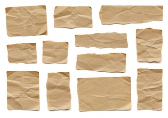 Vintage Crumpled Brown Paper Pieces on White Background