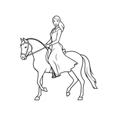 Black and white line art of a beautiful woman with perfect body riding horse elegant minimalist illustration