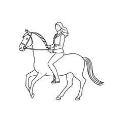 Black and white line art of a beautiful woman with perfect body riding horse elegant minimalist illustration