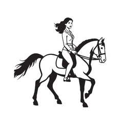 Black and white line art of a beautiful woman with perfect body riding horse elegant minimalist illustration