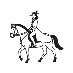 Black and white line art of a beautiful woman with perfect body riding horse elegant minimalist illustration