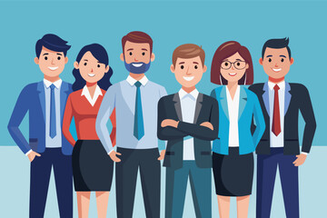 Group of professionals posing together in a modern office setting during a sunny day