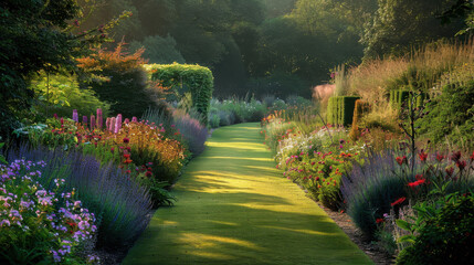 Serene Garden Path Surrounded by Colorful Flowerbeds and Lush Greenery summer sunlight Concept of landscape design