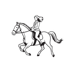 Black and white line art of a beautiful woman with perfect body riding horse elegant minimalist illustration