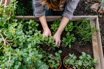  Woman Gardening Outdoors backyard DIY Raised Garden Bed Soil Construction with Herb Planting in Pots organic Concept gardening
