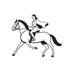 Black and white line art of a beautiful woman with perfect body riding horse elegant minimalist illustration