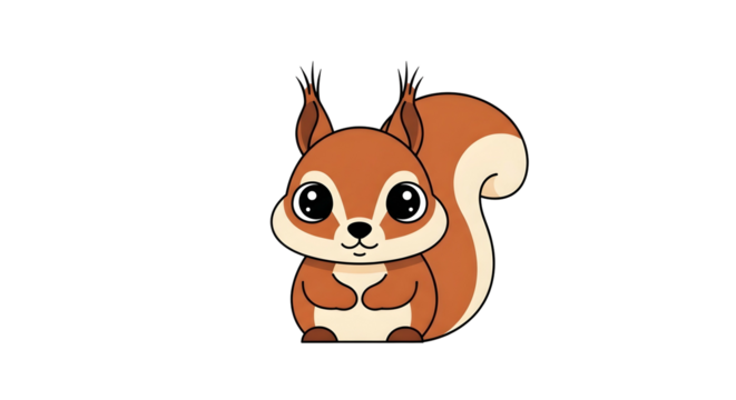 Cute cartoon squirrel, sitting, with large eyes, simple design. - Powered by Adobe