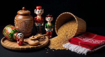 Traditional Indonesian crafts and food spilling from a woven basket on a dark surface, showcasing cultural heritage and culinary traditions.