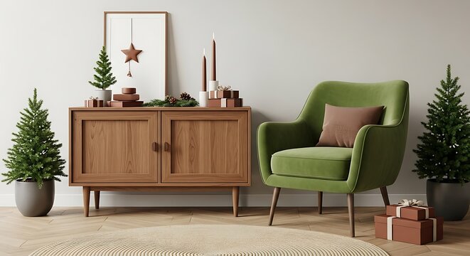 Festive Living Room with Christmas Decorations and Green Armchair.