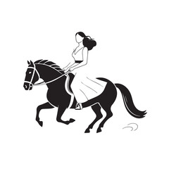 Black and white line art of a beautiful woman with perfect body riding horse elegant minimalist illustration